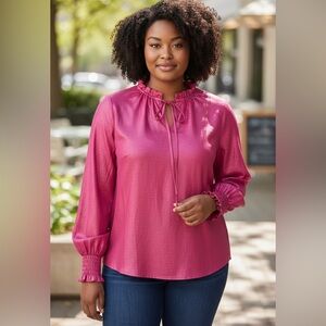 Hope and Harlow Hot Pink Shimmer Blouse, Tie Neck, Balloon Sleeves, NWT, size XL